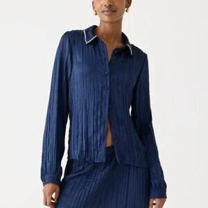 J. CREW NWT Crystal Embellished Navy Blue Shirt in Crinkle Satin Size Small